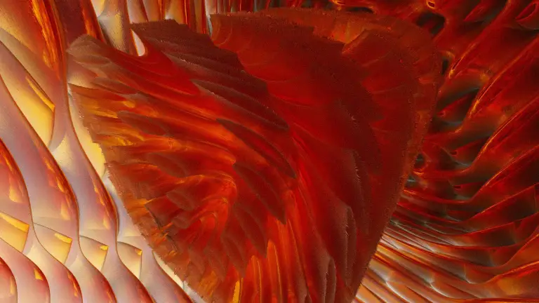 Warm red and amber abstract feathered forms