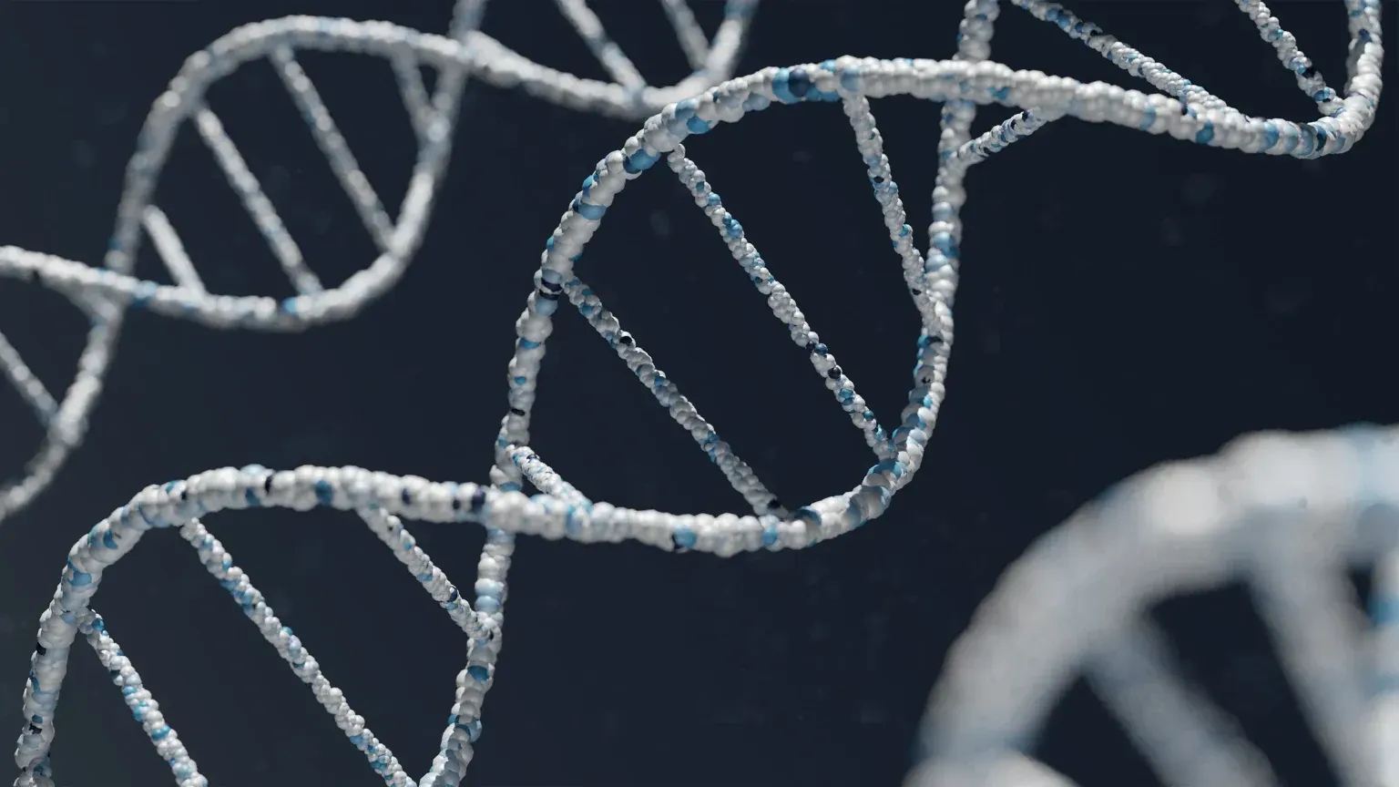 A blue DNA double helix on a dark background