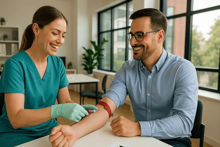 A care team lead in green scrubs prepares to draw blood from a smiling man in a bright, modern office, illustrating routine HbA1C testing for diabetes screening.