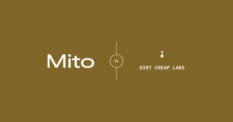 Mito and Dirt Cheap Labs logos with an outlined VS badge connected to vertical lines